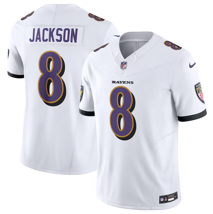 Men's Baltimore Ravens #8 Lamar Jackson White 2023 F.U.S.E Vapor Jersey